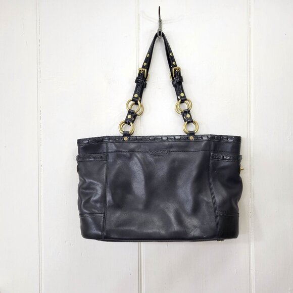 Coach Black Leather Tote Handbag With Gold Hardware & Blue Lining - Picture 9 of 9